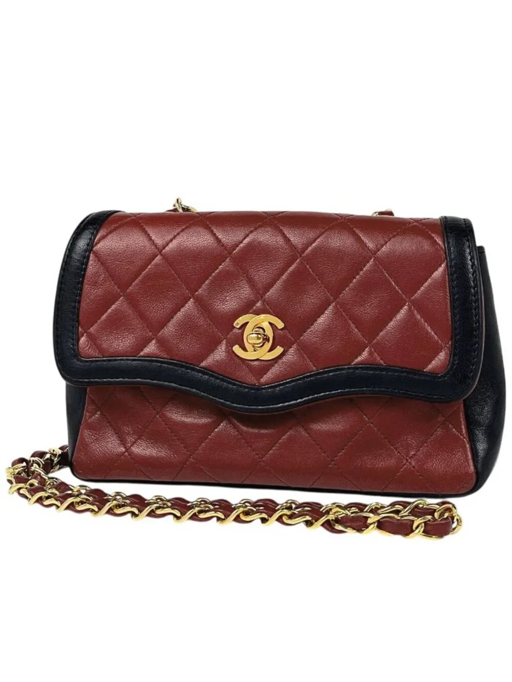 Chanel CC Logo Chain Shoulder Bag Bicolor Leather Red Black
